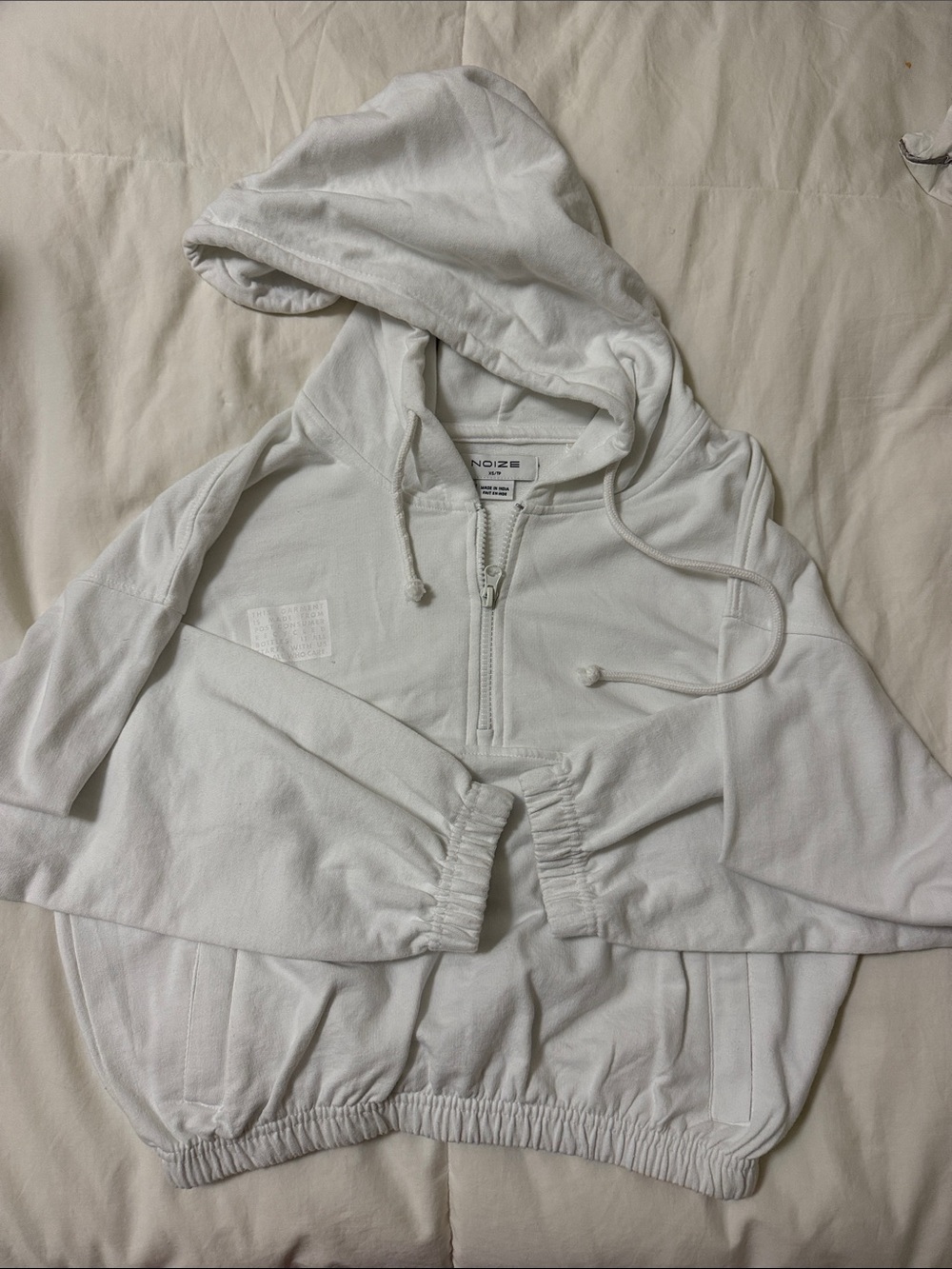 Noize White Half-Zip Drawstring Cropped Hoodie